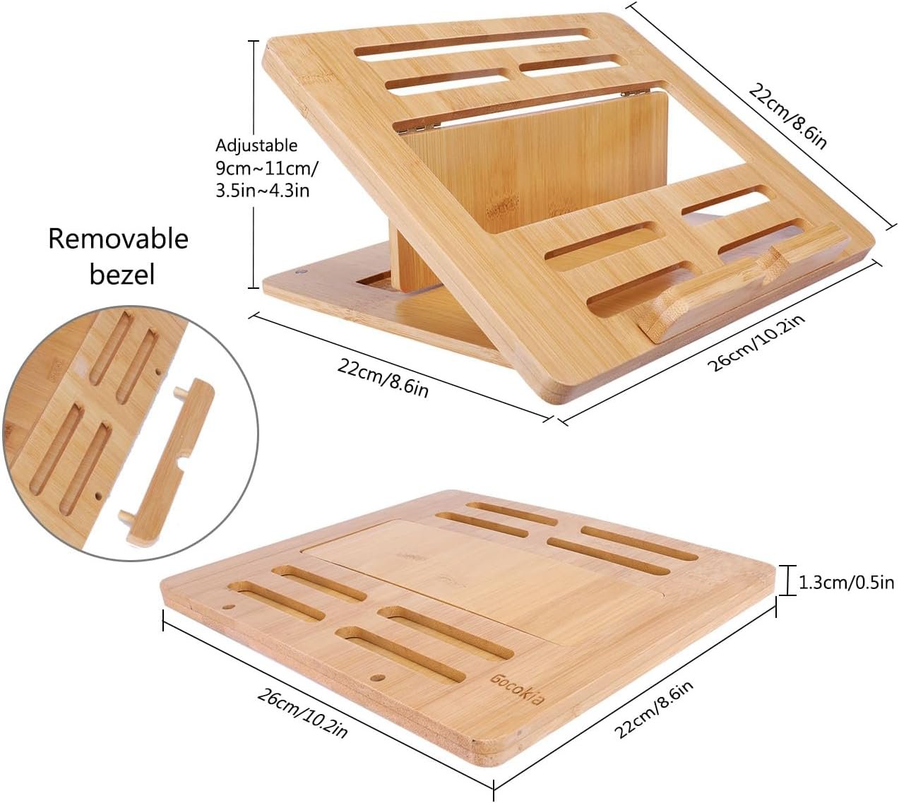 Gocokia Bamboo Fodable Laptop Notebook Riser Stand Desktop Adjustable with 4 Angles Notebook Mount Holder, Folding Laptop Cooler Stand for Macbook,Tablet,Kindle