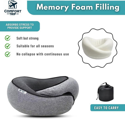 Comfort Trip Ergonomic Memory Foam Travel Pillow, 360° Neck & Head Support, Portable with Travel Bag, Comfortable Breathable Cover, Includes 3D Sleep Mask & Earplugs - Essential for Travelers - Grey