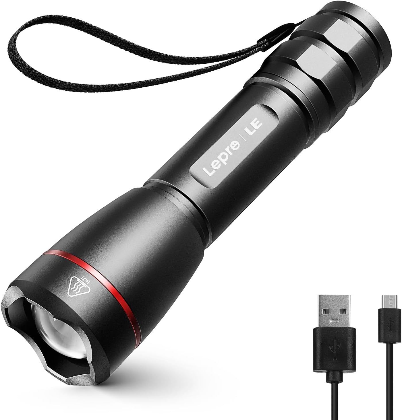 Lepro LED Torch Rechargeable, 15000 Lux Super Bright Adjustable Focus Flashlight with 5 Modes, IPX4 Waterproof, Lightweight Handheld Torch for Camping, Running.