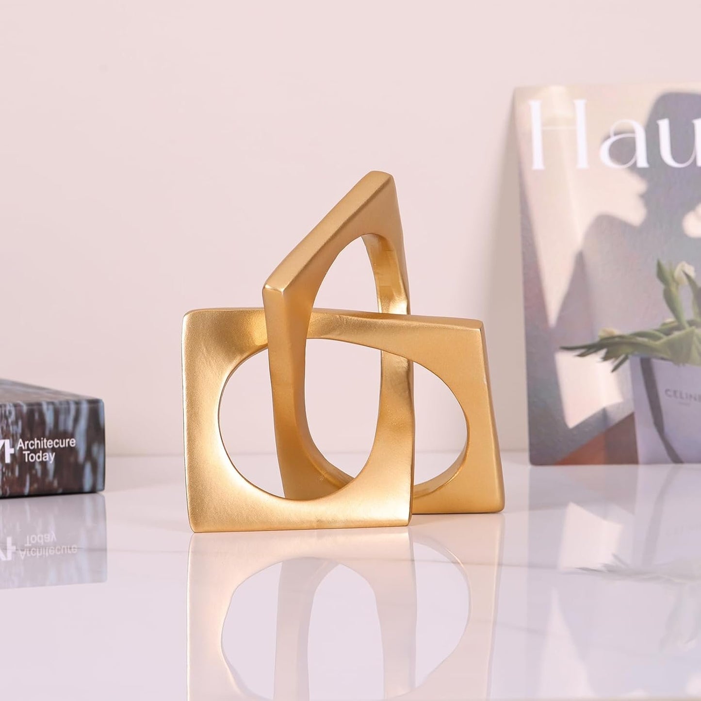 Modern Geometric Sculpture Gold Knot Statue Decor, Home Gold Bookcase Centerpiece Jax Decorative, Geometric Tabletop Sculpture and Figurines, for Golden Home Decor Accent, Cube Decorative Ornaments