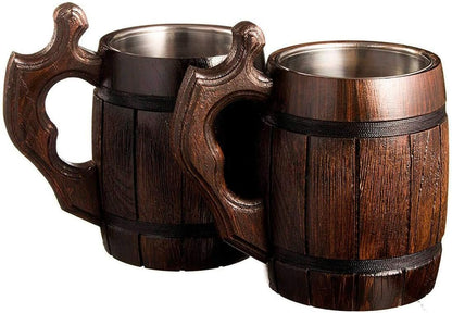 Handmade Oak Wood Beer Mug Stainless Steel Mug Natural and Eco-Friendly 0.6L 20oz Barrel Brown