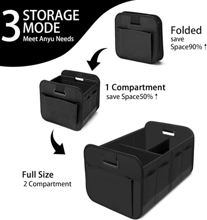 Car Trunk Organizer, Collapsible Two Compartment Car Organizer, Foldable SUV & Truck Storage for Car Accessories for Women Men, Non Slip Bottom, Sturdy Side Walls