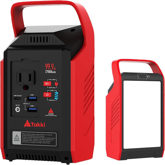 Takki Power Bank 99Wh with Camping Gear Lights 110V AC Outlet Battery Backup for Camping Home Laptop Road Trip Emergency Hurricane Supplies