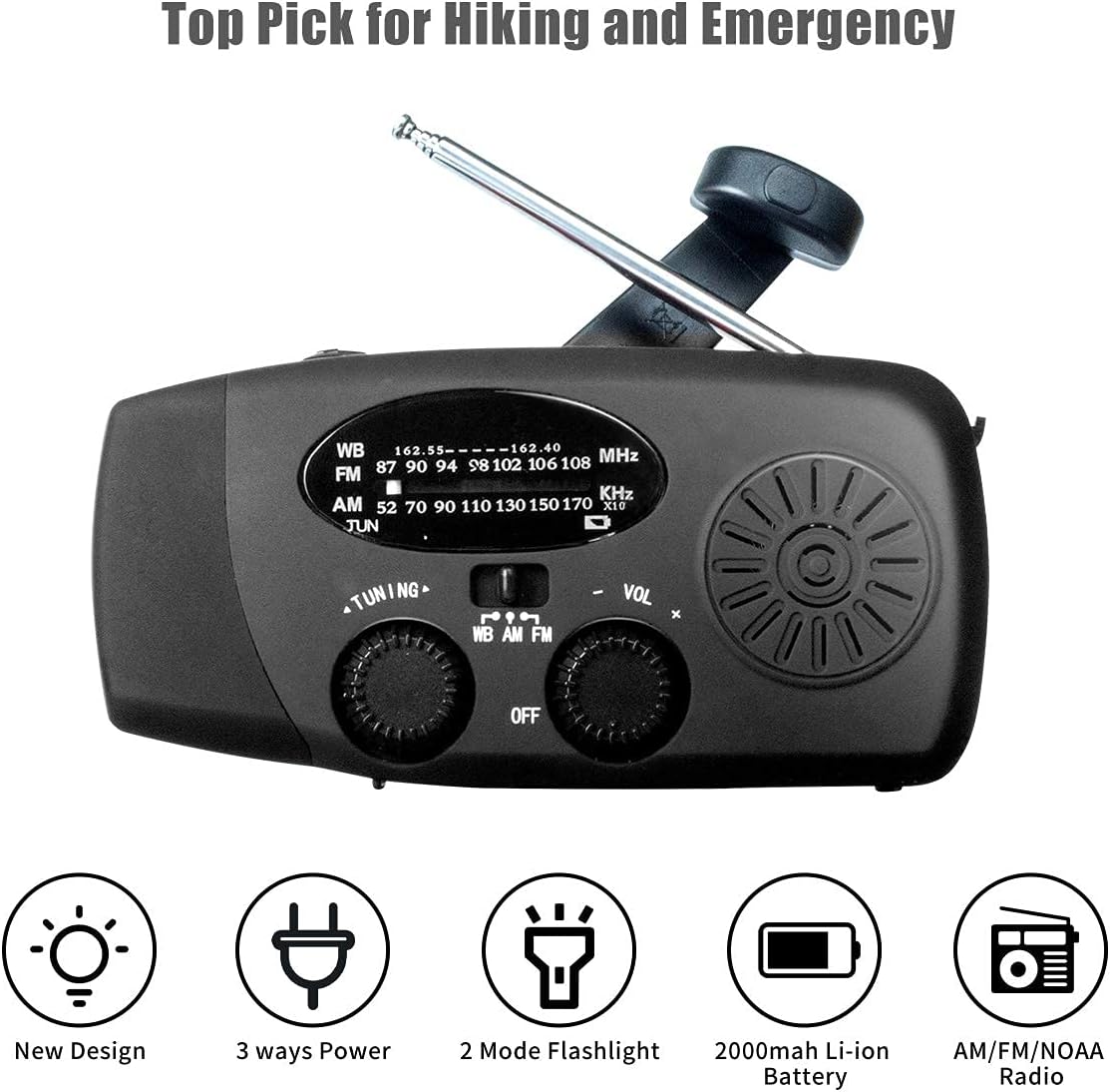 2021 Upgraded Emergency Solar Hand Crank Radio with LED Flashlight, Portable Am Fm NOAA Weather Radio, 2000mAh Solar Power Bank Cell Phone Charger for Home and Outdoor (Black)