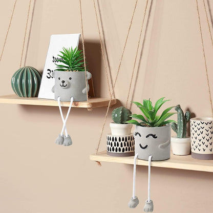 Alynsehom Artificial Potted Plant,Cute Fake Succulent Plant with Hanging Leg,Emotional Cement Faux Succulent Potted Plant Decor for Home Office Table Desk Living Room Shelves(Bear&Smile)