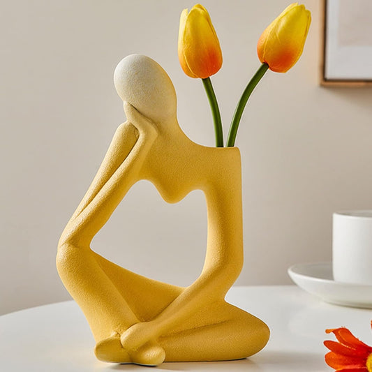 Arawat Thinker Deco Vase Living Room Modern Body Vases for Pampas Grass Aesthetic Vase Book Face Flower Vase Ceramic Book Tulip Vase Sculpture Deco Vase Flower Modern Yellow 19 cm Vases