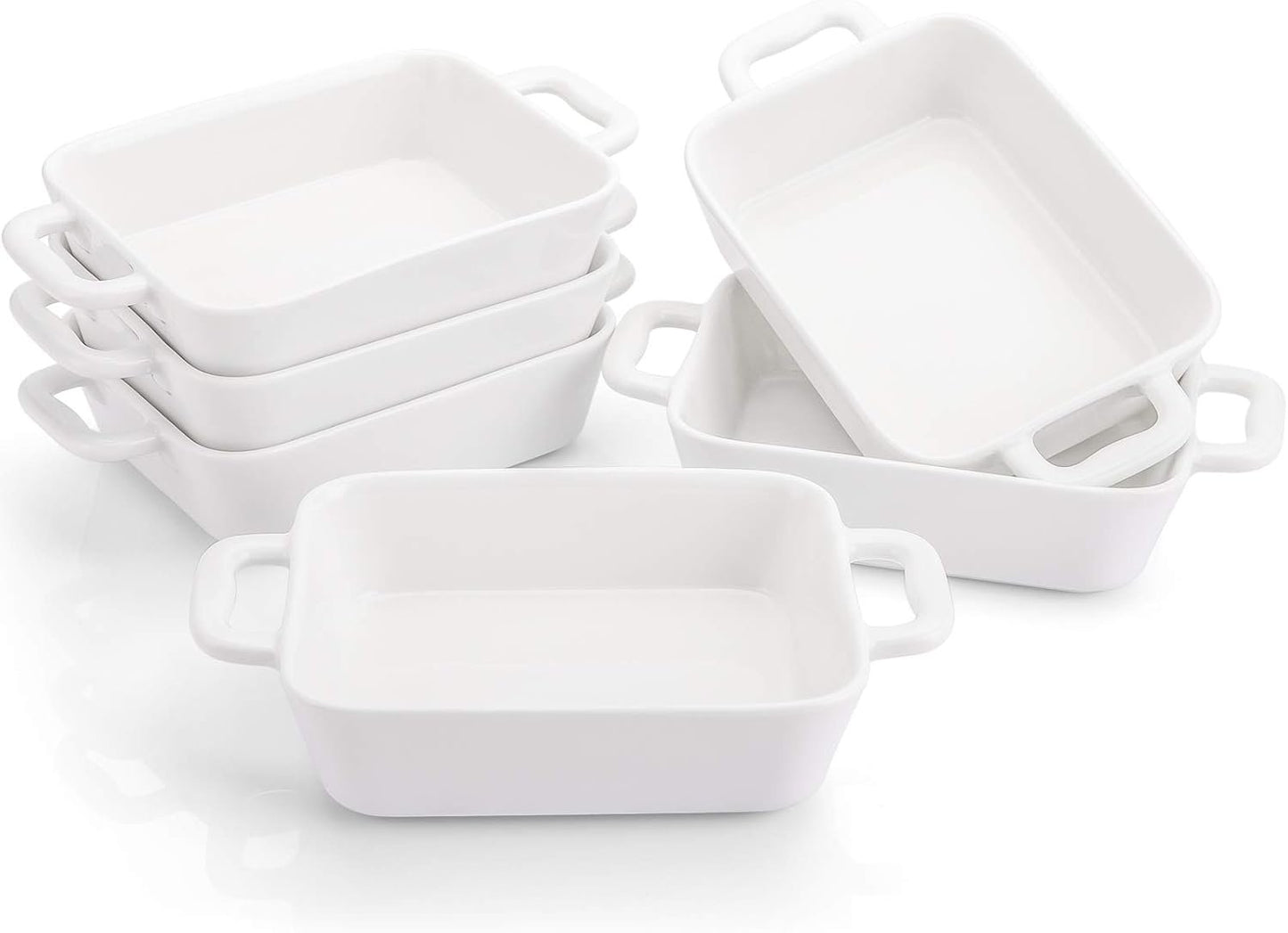 Foraineam 6 Pieces Bakeware Set, White Porcelain Souffle Dishes Creme Brulee Ramekins, 6-1/4 x 4-3/4 inch Rectangular Baking Pans with Double Handles