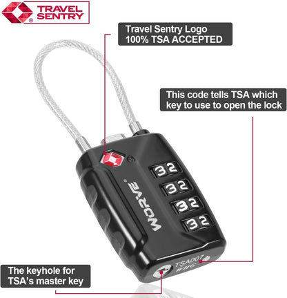TSA Approved Cable Luggage Locks,Re-settable Combination with Alloy Body,TSA Approved Luggage Travel Lock for School Gym Locker, Luggage Suitcase Baggage Locks, Filing Cabinets(Black, 2 Pack)