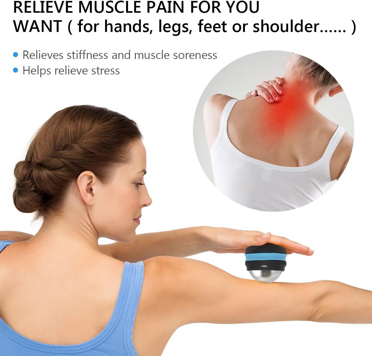 AHIER Cold Massage Roller Ball, Stainless Steel Cold Therapy Relief, Free Rolling Removable Gel Ball Deep Tissue Massage Pain Relief, Great Tool for Back/Neck Pain, Muscles Recovery (Black)