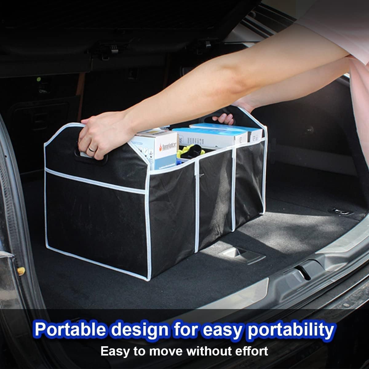 Car Trunk Organizer, Portable Foldable Waterproof Auto Storage Bag with 3 Compartments, Collapsible Cargo Trunk Groceries Organizer, Car Accessories Universal for SUV, Truck, Van, Sedan (Black)