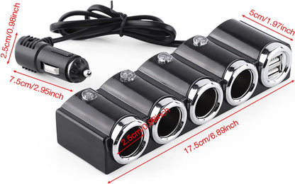 Cigarette Lighter, DC 12V/24V USB 4 Way Cigarette Lighter Socket Splitter with Two USB Ports, Charger Adapter for Electronic Equipment