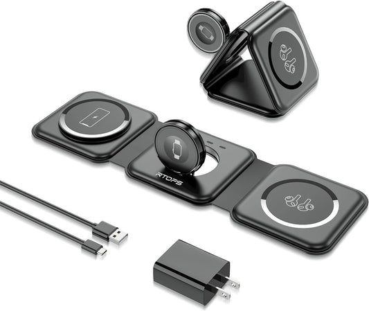 Wireless Charger, RTOPS Foldable 3 in 1 Wireless Charger for Multiple Device Apple, W-312 Fast Travel Wireless Charging Station (Adapter Included)