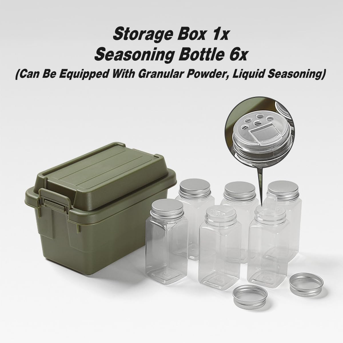 AIMALL Outdoor Mini Storage Box with 6 Seasoning Bottles, 4.52 x 7 x 5.51 Inches, Compact Plastic Container for Camping, Travel, BBQ, and Desktop Use