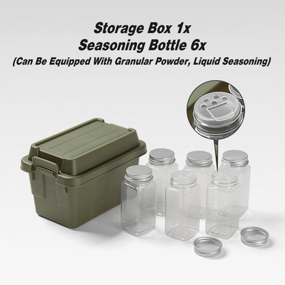 AIMALL Outdoor Mini Storage Box with 6 Seasoning Bottles, 4.52 x 7 x 5.51 Inches, Compact Plastic Container for Camping, Travel, BBQ, and Desktop Use