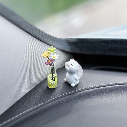 Generic Set of 2 Cute Mini Bunny and Daisy Flower Vase Car Rearview Mirror Ornaments Funny Dashboard Decorations Kawaii Car Interior Accessories for Women Gifts
