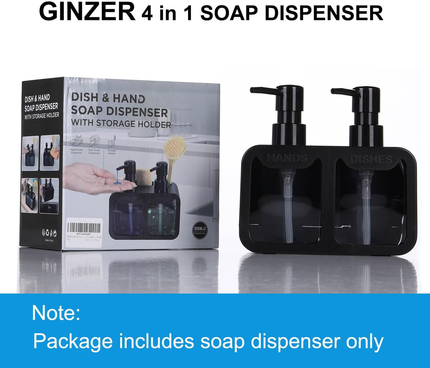 GINZER Dish Soap Dispenser for Kitchen Countertop with Sponge Caddy and Brush Holder - Refillable Non-Slip Dual Pump 4-in-1 Dispenser Soap Dispenser for Kitchen Sink, Essential Kitchen Gadgets – Black
