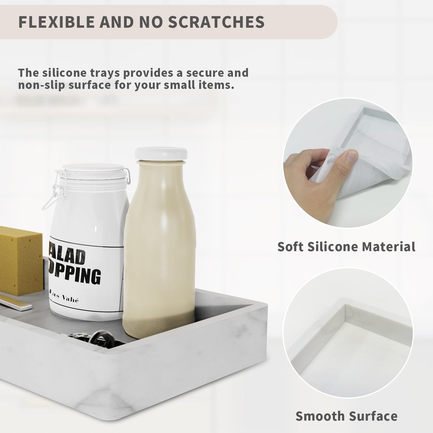 KEUTHON Silicone Vanity Tray, Rectangular, Marble Pattern, 7.8x3.9in, Modern, Non-Slip, Easy to Clean, Bathroom/Vanity Organization, Decorative Tray, Kitchen Counter