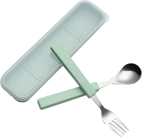 VANRA 2-Piece Children Flatware Set 18/10 Stainless Steel Child Tableware Set Silver Cutlery Set Silverware Dinner Utensils Spoon Fork Set with Travel Case for Kids Toddlers (Chrome Finished) (Green)