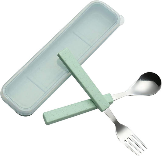 VANRA 2-Piece Children Flatware Set 18/10 Stainless Steel Child Tableware Set Silver Cutlery Set Silverware Dinner Utensils Spoon Fork Set with Travel Case for Kids Toddlers (Chrome Finished) (Green)
