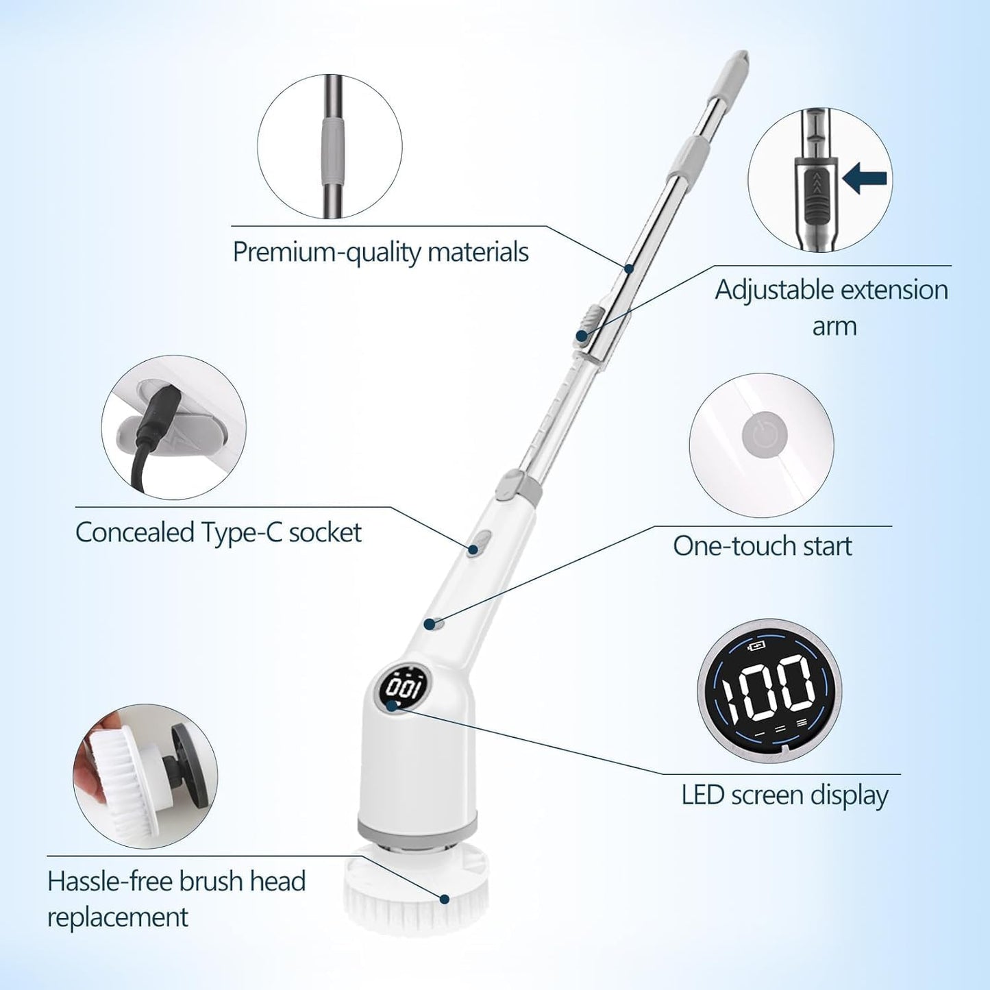 Electric Spin Scrubber, 9 in 1 Electric Cleaning Brush, Electric Cleaning Brush with Extendable Arm,Large Power with 3 Adjustable Speeds, Shower Cleaner Brush for Bathroom, Tub, Toilet, Kitchen (Grey)