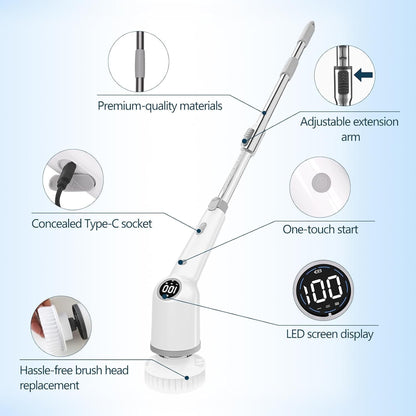 Electric Spin Scrubber, 9 in 1 Electric Cleaning Brush, Electric Cleaning Brush with Extendable Arm,Large Power with 3 Adjustable Speeds, Shower Cleaner Brush for Bathroom, Tub, Toilet, Kitchen (Grey)