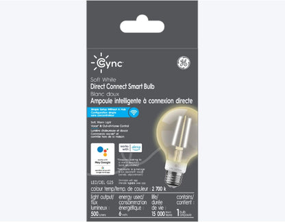 GE Cync Soft White Direct Connect Smart Bulb (LED G25 Bulb), 60W Replacement, Bluetooth/WiFi Enabled, Works with Alexa, Google Assistant Without Hub, Pack of 1