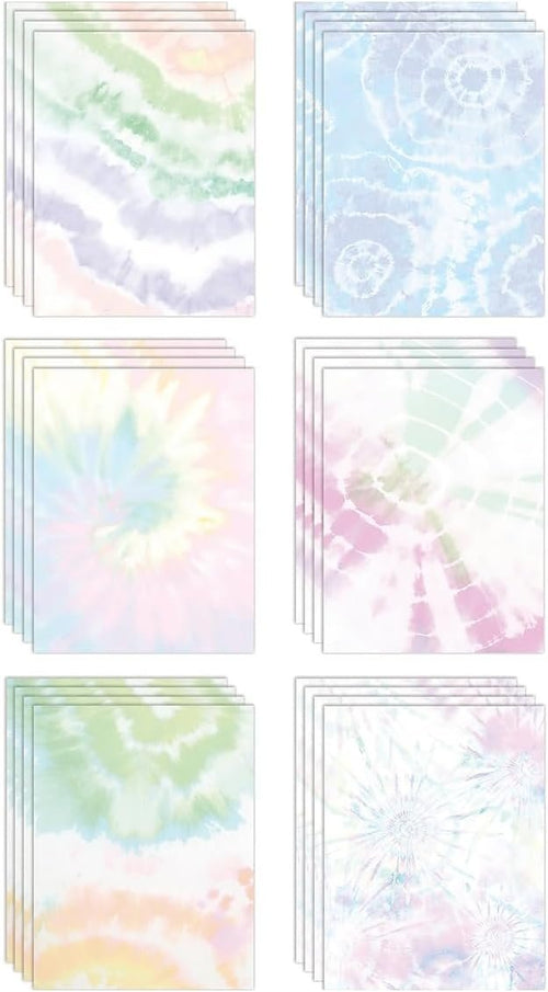 Better Office Products Stationery Paper, 100 Sheets, Tie-Dye Watercolor Writing Stationery, Letter Size 8.5 x 11 inch, 6 Unique Double Sided Designs, 100 Pack