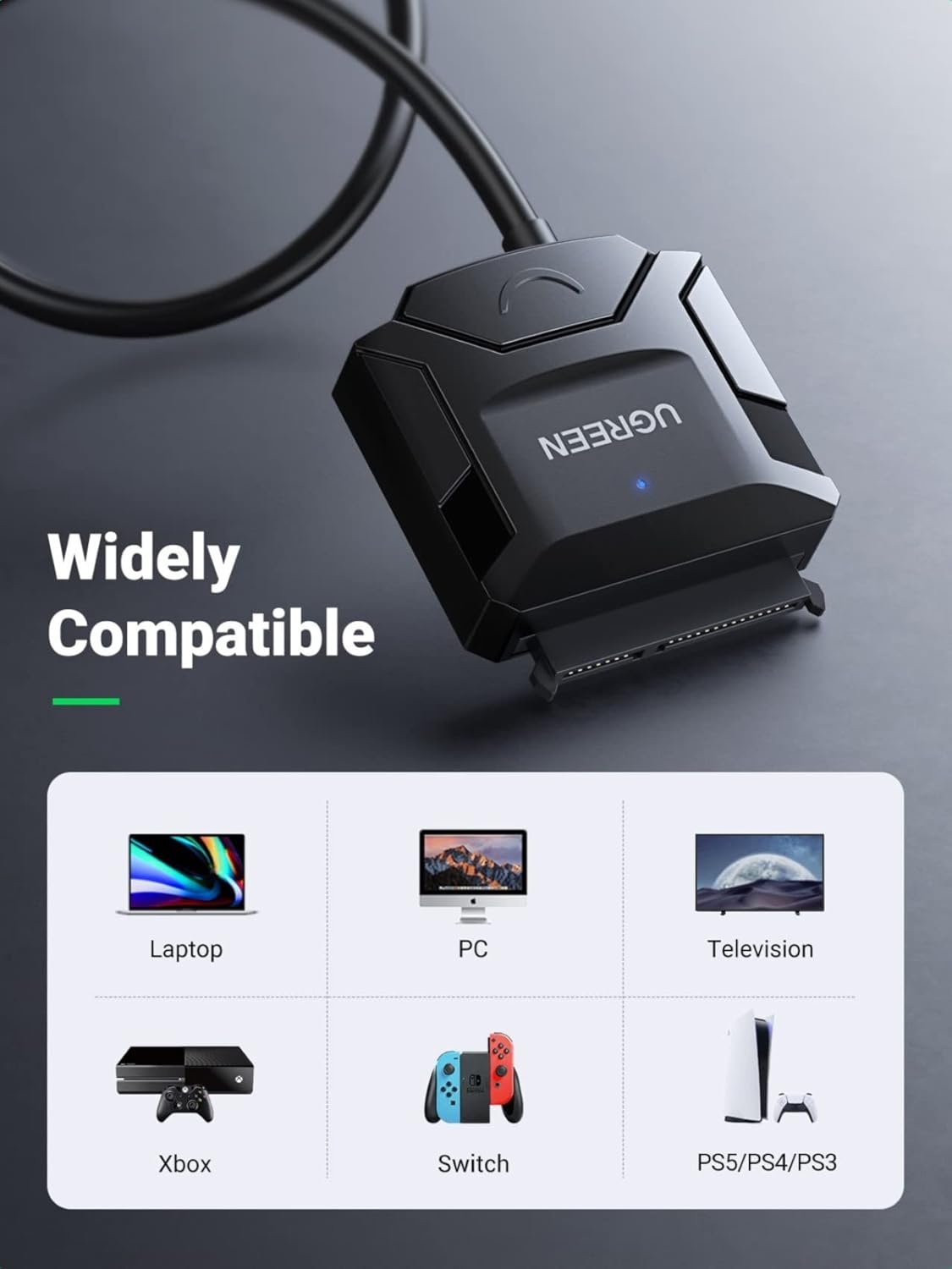 UGREEN SATA III to USB 3.0 Adapter Cable for 3.5 2.5 Inch SSD HDD, Hard Drive Disk Support UASP, with 12V Power Adapter, Not for IDE SSD