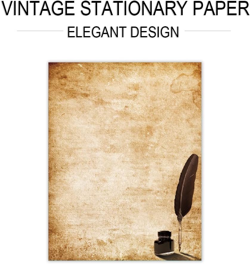 Paper Master Vintage Stationary Set, Old Fashion Letter Writing Stationary Paper and Envelopes Set, 48 Sheets Feather Stationery Set with 24 Envelopes, 8.5x11 inch