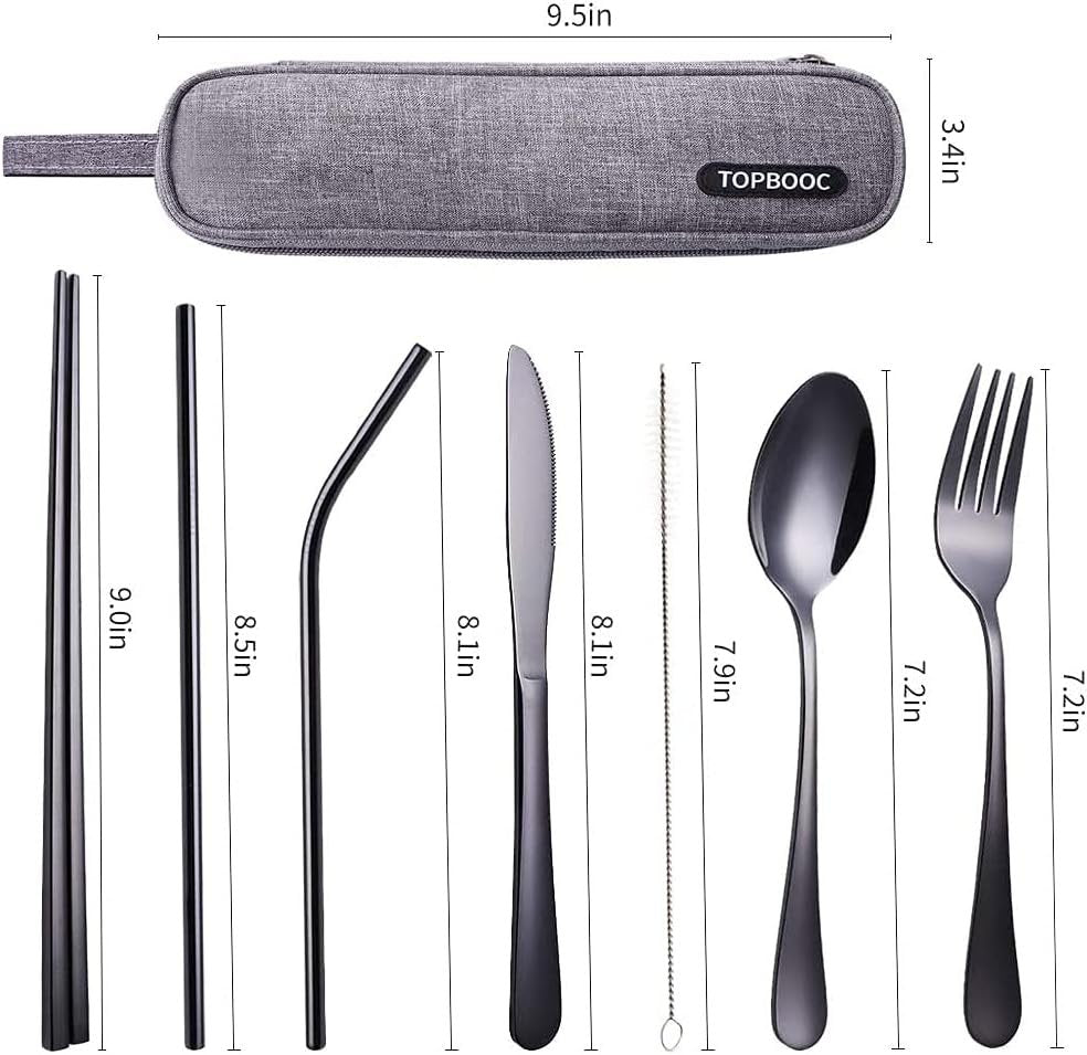 Travel Stainless Steel Utensils Set with Case – 8-Piece Reusable Flatware Kit Includes Fork, Knife, Spoon, Chopsticks, Straws, Brush & Bag – Portable Cutlery for Camping, Work, Picnic (Black)