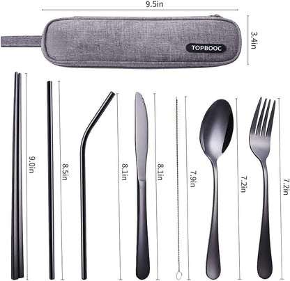 Travel Stainless Steel Utensils Set with Case – 8-Piece Reusable Flatware Kit Includes Fork, Knife, Spoon, Chopsticks, Straws, Brush & Bag – Portable Cutlery for Camping, Work, Picnic (Black)