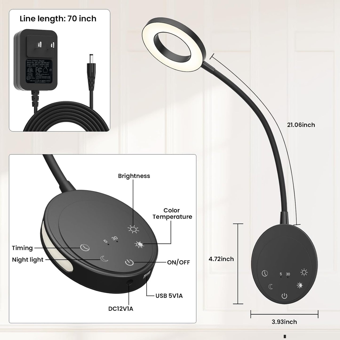 Wall Mounted Reading Light,NoeiiT Book Lights with 5 Dimming,Bedside Headboard Lights Flexible Gooseneck,USB Output,Night Light & Timers Function（5/30 min, 3000K-6500K Upgrade LED Bed Lamp Black