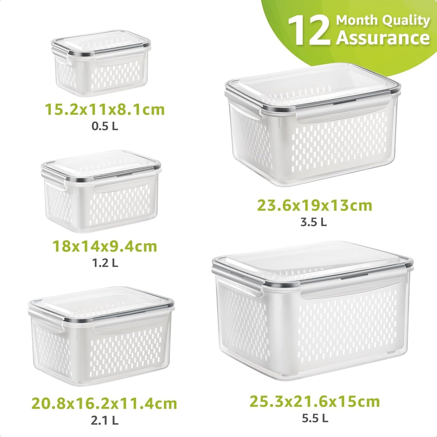 COCOYA 5-Pack Large Fruit Containers for Fridge, Leakproof Produce Storage Keeper with Removable Colander Food Grade BPA FREE Keep Vegetables Berry Veggies Lettuce Banana Meat Food Fresh Longer