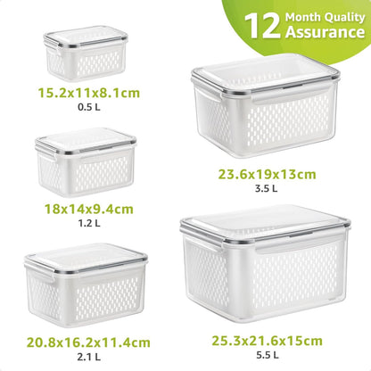 COCOYA 5-Pack Large Fruit Containers for Fridge, Leakproof Produce Storage Keeper with Removable Colander Food Grade BPA FREE Keep Vegetables Berry Veggies Lettuce Banana Meat Food Fresh Longer