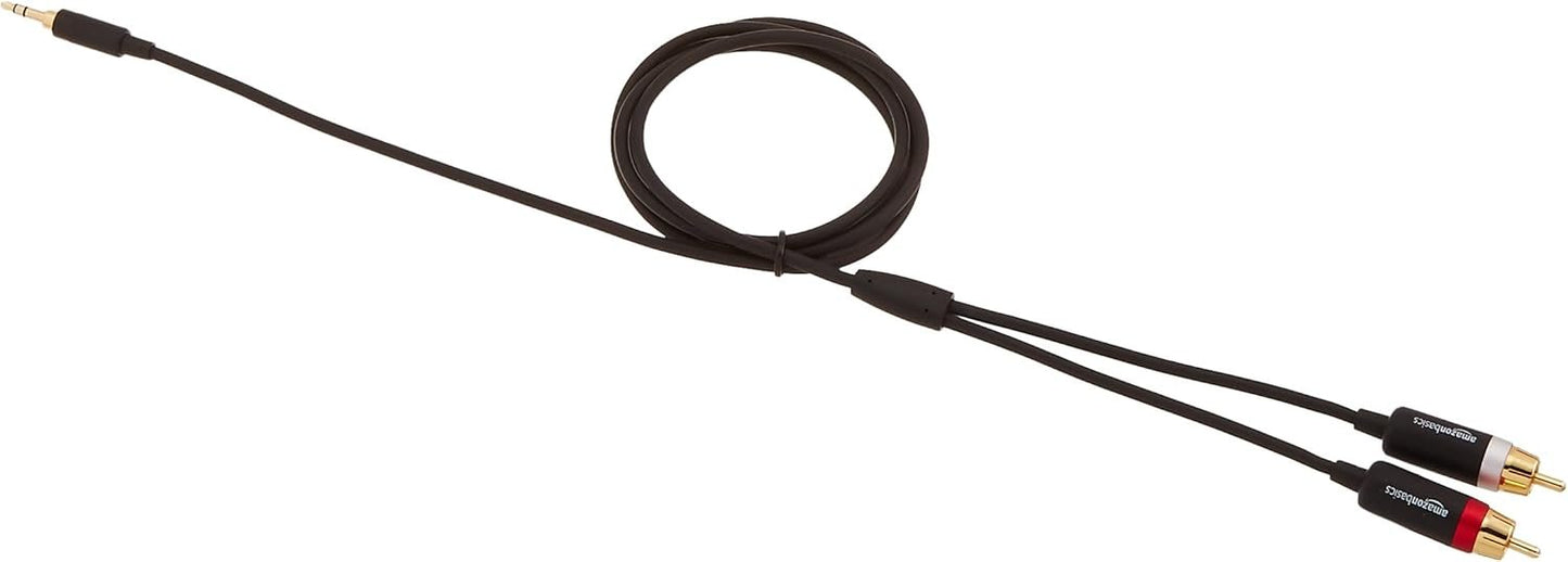 Amazon Basics 3.5mm Stereo Aux to 2 x RCA Audio Cable Adapters, 4 Feet/1.2 m, for Connecting Amplifiers, Speakers, with Gold-Plated Plugs, Black