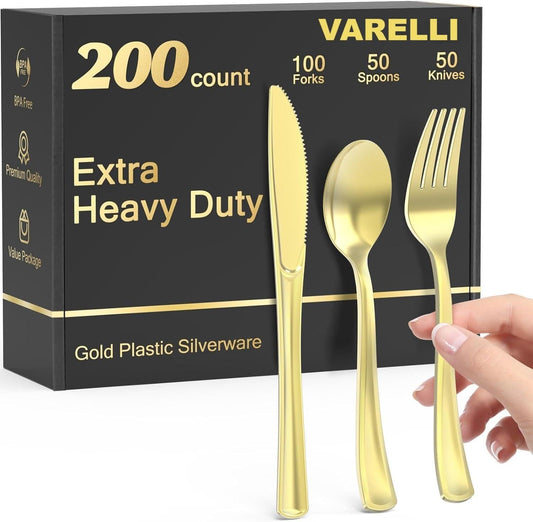 VARELLI 200 Count Heavy Duty Gold Plastic Silverware, 100 Forks, 50 Spoons, 50 Knives, BPA-Free, Heat Resistant, Disposable Gold Plastic Utensils Set, Plastic Cutlery Set, Plasticware Bulk for Party