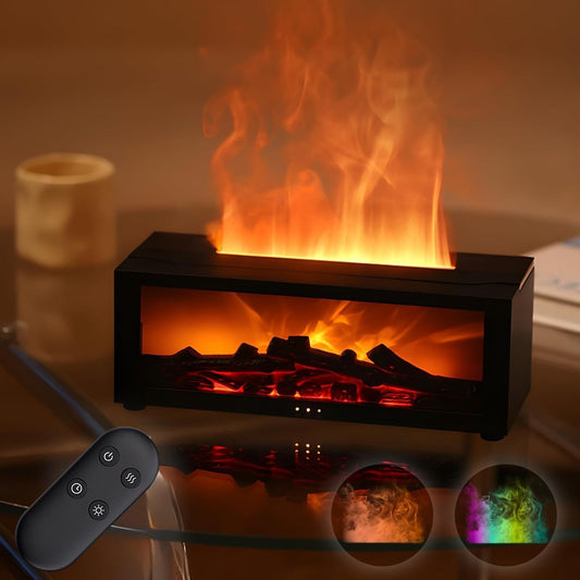 3D Flame Essential Oil Diffuser, 150ml Fireplace Flame Light Humidifier with Timer, Auto-Off Protection, 7 Colors LED Night Light and Remote Control, Aroma Diffuser for Home, Office, Bedroom (Black)