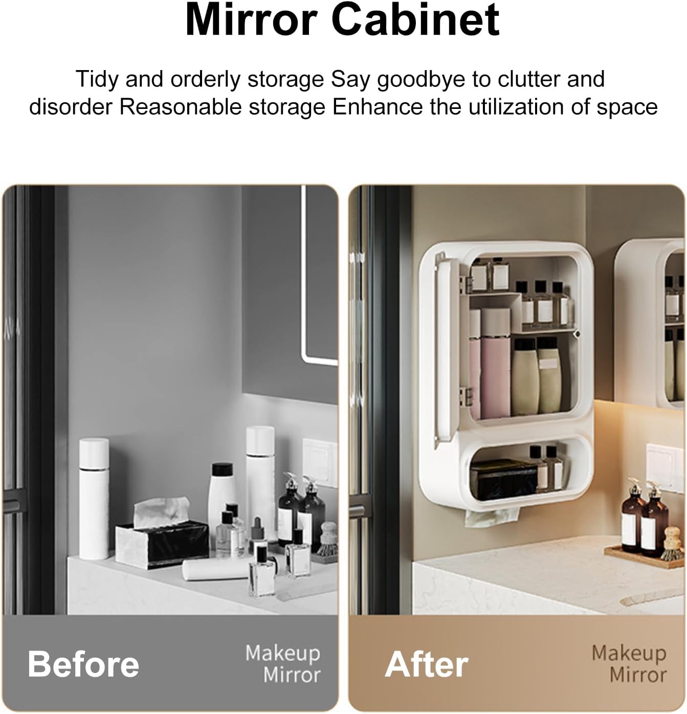 Uonguon Bathroom Mirror Cabinet, Mirror Storage, 16.54x11.02x4.53 inches Lighted Drawer with Magnetic Door Tissue Dispenser, Modern Wall Mounted Organizer for Shampoo and Makeup