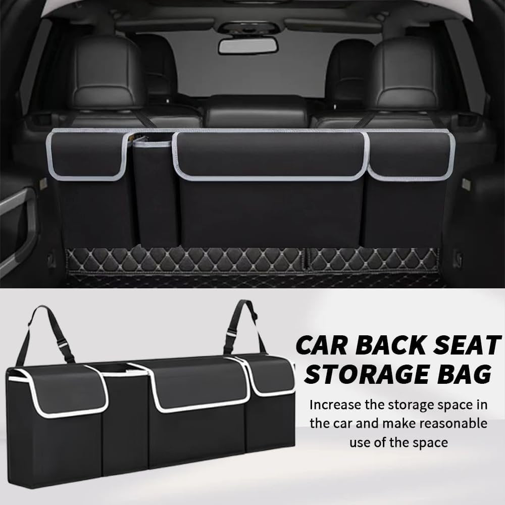 Car Trunk Organizer Storage with 4 Pockets, Collapsible and Waterproof Backseat Hanging Organizer, Car Interior Accessories for SUV, Truck, Van, Cargo
