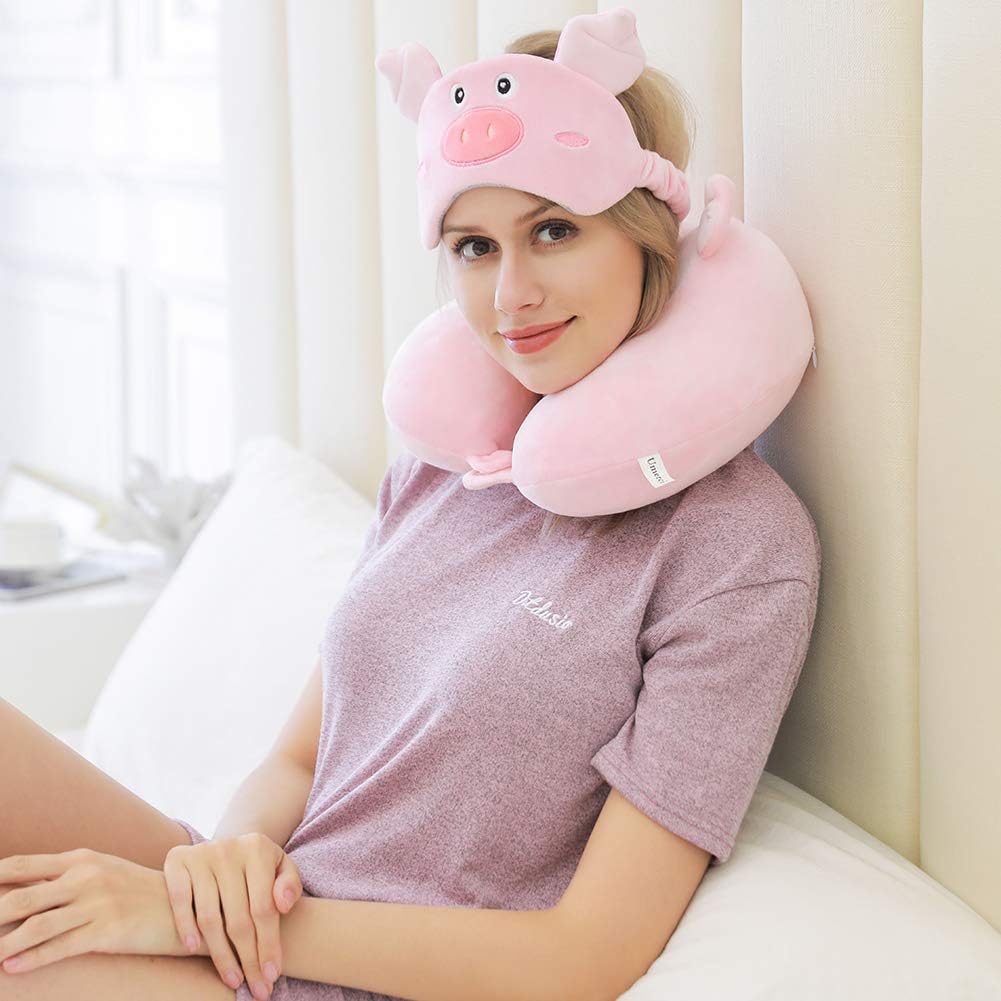 Memory Foam Animal Travel Pillow, Comfortable Neck Pillow with Cute Eye Mask Lightweight Traveling Pillow for Airplane, Car, Train, Bus and Home Use (Pig)