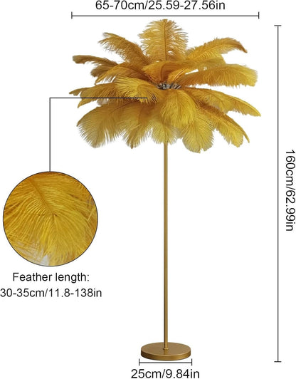 Floor Lamps for Living Room Bright Lighting with Feather Lampshade, Modern Ostrich Feather Floor Lamp with LED Bulbs Standing Lamp for Beroom, Office,Gold,Large