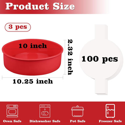 HUAKENER 10 Inch Round Cake Pan, 3 Pack Silicone Cake Molds with 100 Pieces Parchment Paper, Nonstick Cake Molds for Birthday Cakes, Layer Cakes, Cheese Caks, Chocolate Cakes