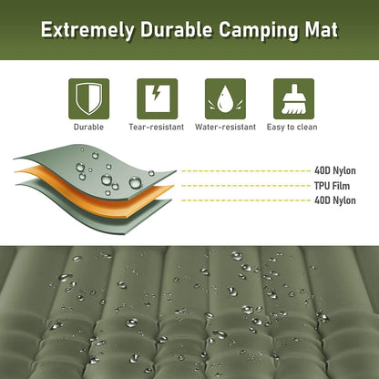 Camping Sleeping Pad-Elegear 4inchUltra-Thick Double Self-Inflating Mattress Camping Waterproof, Air Sleep Mat with Carry Bag Built-in Pillow Foot Pump for Cots Backpacking,Hiking,Camping,Travel,Green