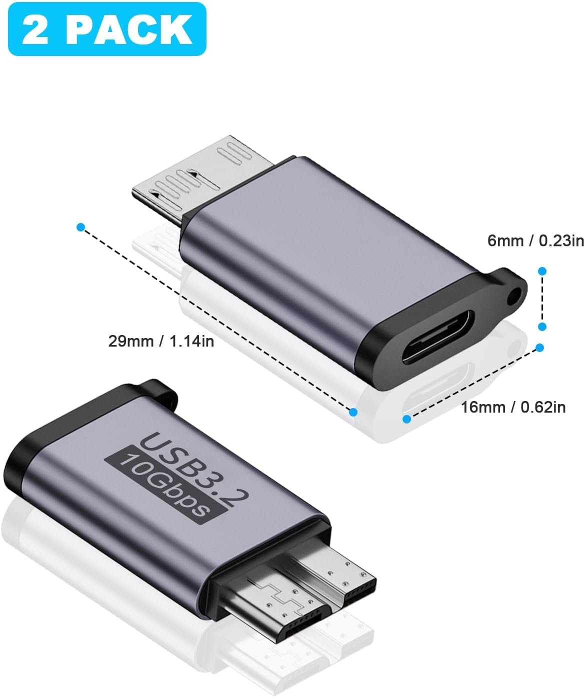Duttek Micro B to USB C Adapter 10Gbps, USB C to Micro B Cable Adapter, Micro B Male to USB C 3.2 Female Adapter for Hard Drive Cable for External Hard SSD Drive, Tablet, Phone, Laptop, 2 Pack