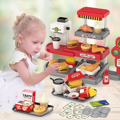 Pretend Play Fast Food Store Toy with Realistic Coffee Machine Card Reader Food Shop Playset with Simulate Hamburger Chips Sandwich etc Play Money Checkout Game for Kids