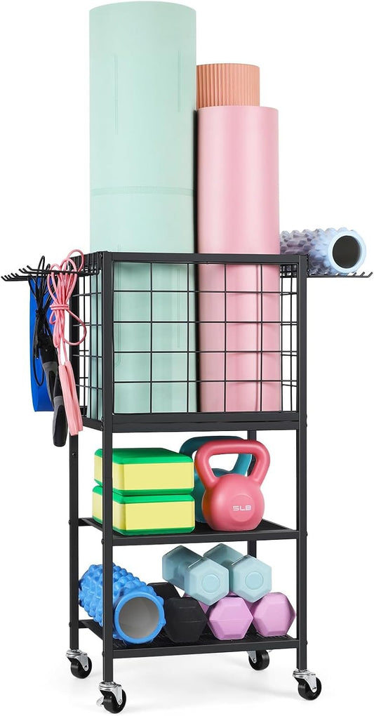 Weight Rack for Home Gym Workout Equipment Storage Rack Cart with Hooks Wheels Dumbbell Rack for Yoga Mat, Kettlebells, Foam Rollers, Resistance Bands, Yoga Block