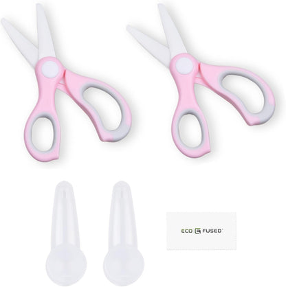 Ceramic Baby Food Scissors - Portable Shears - Healthy Food Cutter with Dust Cover and Storage Case - Cuts Meat, Chicken, Vegetables, Fruits (Pink - 2 Pack)