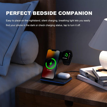 Minthouz 3 in 1 Wireless Charger (18W QC3.0 Adapter Included),15W Fast Wireless Charging Station for Smart Phone/iWatch/TWS Earphones, Compatible with iPhone 15 14 13 12 11 X8 Series, Samsung S22-S21+