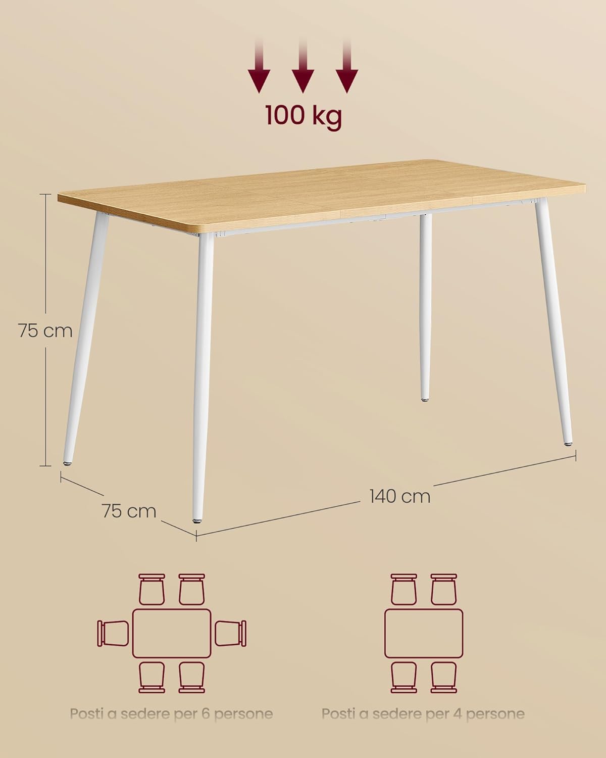 VASAGLE Dining Table, Kitchen Table, for 4-6 People, Modern Farmhouse, Heat Resistant Surface, Quick Assembly, 75 x 140 x 75 cm, Golden Oak and Cloud White KDT100N01