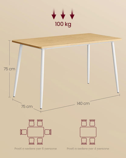 VASAGLE Dining Table, Kitchen Table, for 4-6 People, Modern Farmhouse, Heat Resistant Surface, Quick Assembly, 75 x 140 x 75 cm, Golden Oak and Cloud White KDT100N01